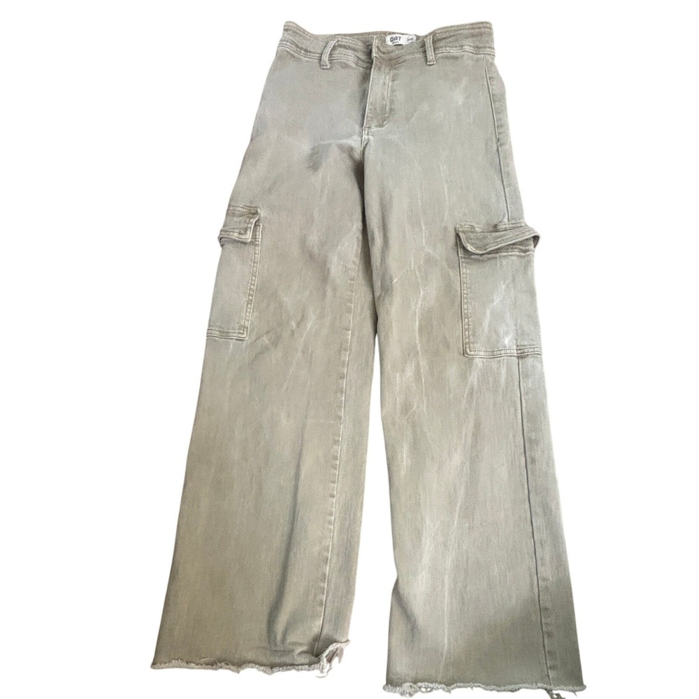 OAT New York Cargo Pants Women 6/28 Olive Tan Wide Leg Raw Hem Stretchy